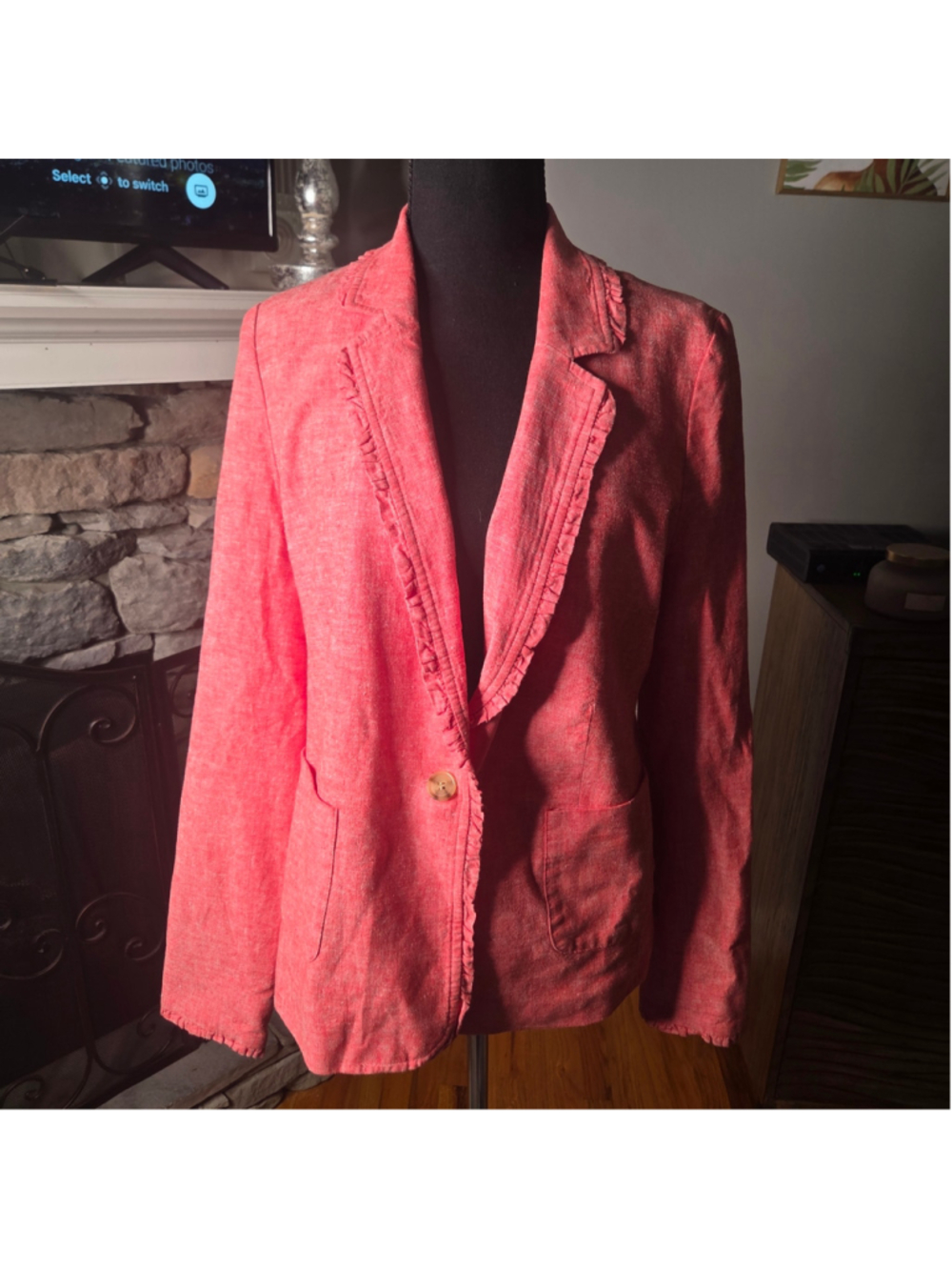 Women's Crown & Ivy Blazer Size 10 Red Linen Blend Ruffle Detail